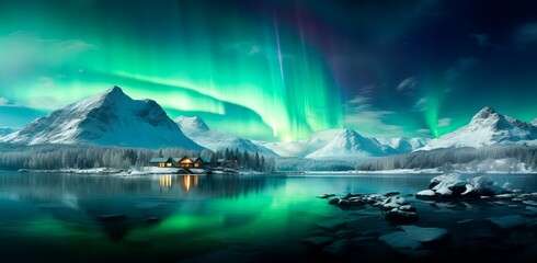  the northern lights over the lake with trees and  houses,