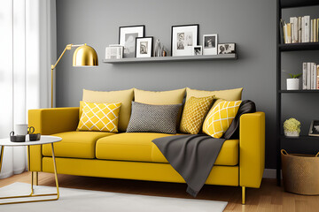 Modern room interior concept, gray bookshelf, gold lamp and frame close up, green metal chair with stylish pillows and blanket, brown and yellow decorative walls.