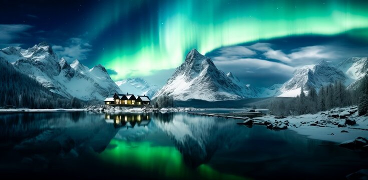  the northern lights over the lake with trees and  houses,