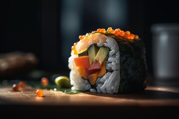 Close-up shot of a single sushi roll with salmon