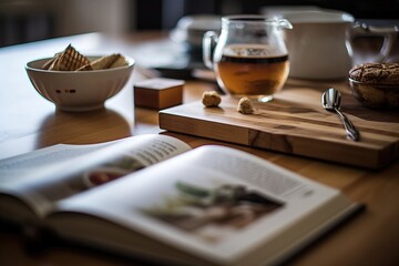 A cookbook in focus on a wooden table