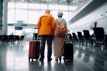 older couple with suitcase at airport, from behind
