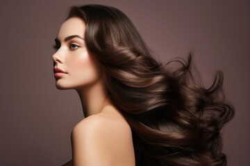 Fototapeta premium Portrait of a beautiful brown woman with gorgeous long waving hair on a brown background.