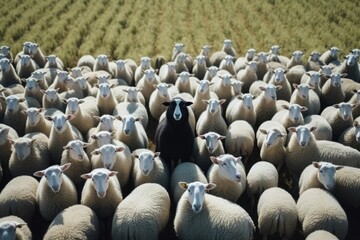Obraz premium Black sheep among white sheep on green meadow. Generative AI