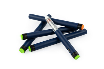 Insulin pen syringes with a needle to fight diabetes, isolated on a white background