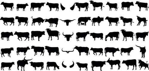 Cow silhouettes, vector illustration of different types of cows with various horn shapes and sizes. A creative and minimalist design for farm, dairy, or animal-related projects. 