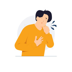 Sore throat, sick, asthma, cold, fever, allergies, respiratory diseases symptoms. Man coughing holds chest, hand covers mouth concept illustration