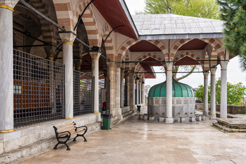 Ablution fountain in the courtyard of the Mihrimah Sultan Mosque in Uskudar, Istanbul, Turkey. The...