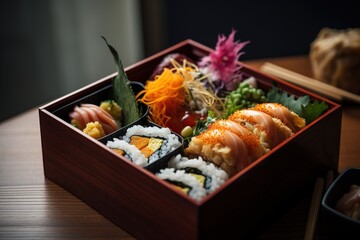 Japanese Bento Box With a colorful arranged of sushi rolls