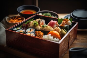 Japanese Bento Box With a colorful arranged of sushi rolls. Generative AI