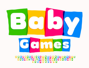 Vector funny emblem Baby Games. Watercolor bright Font. Creative Alphabet Letters and numbers set for Kids
