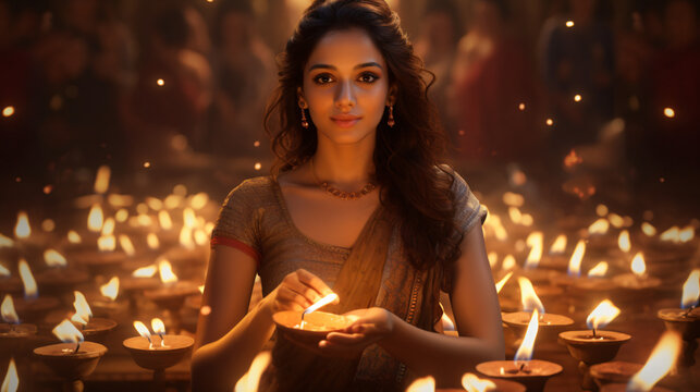 A young woman holding a lamp to celebrate Diwali festival, An Indian woman celebrating Diwali Festival by holding a Diwali lamp, Ai Generated image