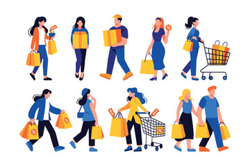 Fototapeta na wymiar Isolated People Shopping Vector Illustration In Many Poses Set Collection