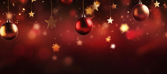 Banner with christmas baubles, stars on dark red background