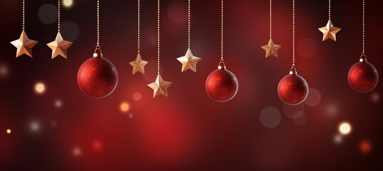Fototapeta na wymiar Banner with christmas baubles, stars on dark red background