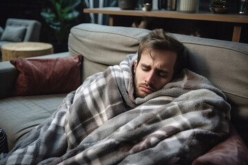 Obraz premium Sick young man covered with blanket, lying on sofa due to illness, flu or winter cold concept