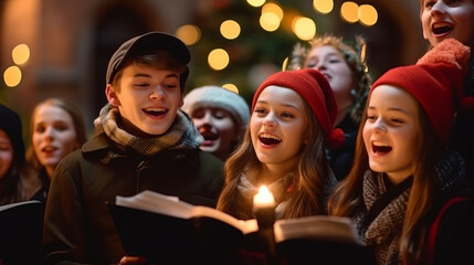 Teenagers Carolers singing traditional songs in city street on christmas eve