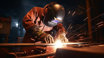 Welder with sparks flying, showcasing a skilled tradesperson working on a metal fabrication project wearing safety gear , welding industry concept