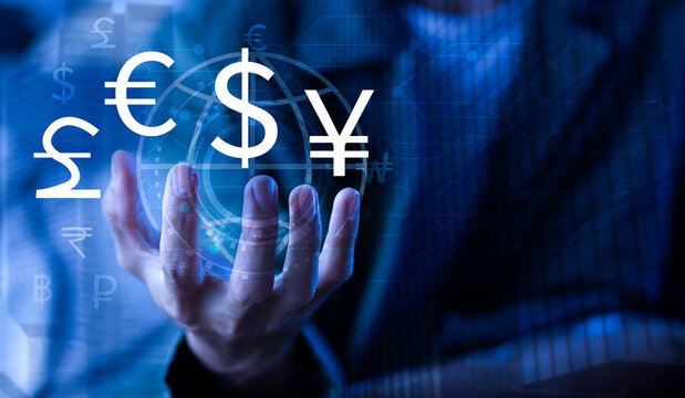currency exchange rate symbol with hand holding global and space blue background, Currency exchange rate and transfer money concept