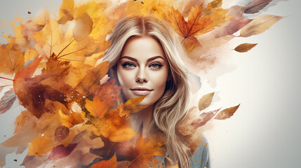 Autumn background Woman with leaves. Banner format, copy space.