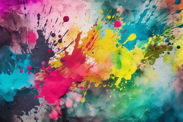 Colorful paint splatters on a black canvas