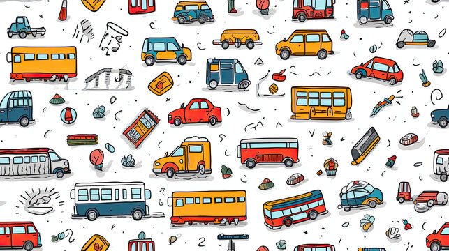 Seamless pattern with cars and trams