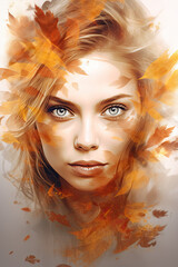 Obraz na płótnie Canvas woman autumn not close-up portrait, beautiful eyes, leaves