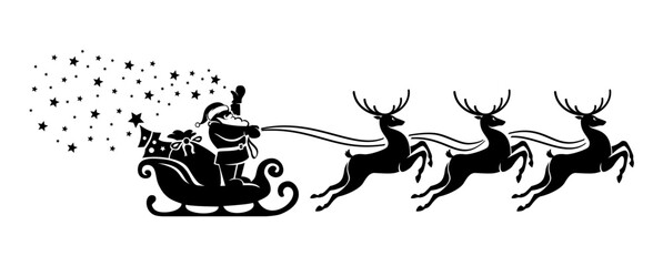 Santa Claus silhouette in sleigh with reindeers full of gifts and  christmas tree. Merry christmas and Happy new year decoration. Vector on transparent background - obrazy, fototapety, plakaty