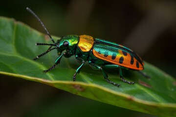 A macro shot of a vibrant beetle perched on a leaf