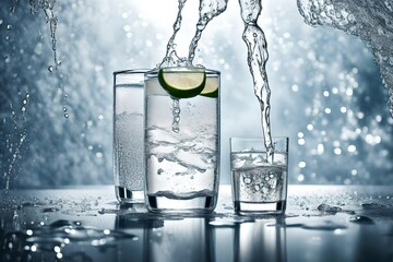 Capture the pristine allure of sparkling water under natural light, showcasing its effervescence and clarity.