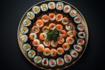 Sushi rolls arranged in a round shape on wooden plate