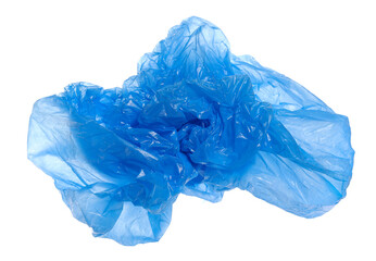 Blue crumpled plastic shopping, grocery bag in flying isolated on white, clipping path 