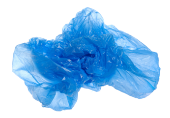 Blue crumpled plastic shopping, grocery bag in flying isolated on white, clipping path 
