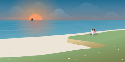 Sunset at tropical blue sea with couple of lover at white sand beach vector illustration. Landscape of coast beautiful sea shore beach at sunset flat design.