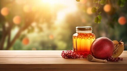 Rosh Hashanah Background, Honey, Apple, and pomegranate on wood table, Forest background, Generative ai