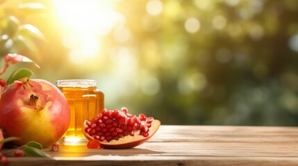 Rosh Hashanah Background, Honey, Apple, and pomegranate on wood table, Forest background, Generative ai