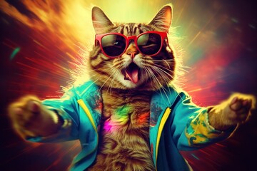 Generative Al of fantasy character with cat wearing colorful clothes and sunglasses dancing, Happy cat animal 