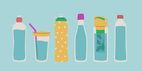 Set of different water bottles. Reusable glass container. Various bottle caps including a sports cap. Vector isolated illustration for design.