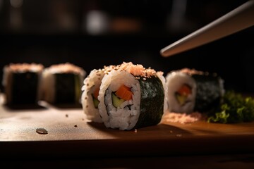 A sushi roll sliced into bite-sized