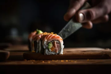 Keuken spatwand met foto A sushi roll sliced into bite-sized © Oleksandr Kozak