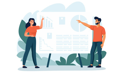 Flat vector illustration. A man and a woman are giving a presentation together, pointing their hands to a large banner. Vector illustration