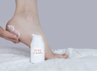 Cracked heels. Woman feet before and after procedures to soften rough skin. Urea cream, oil for care of keratinized skin, healing of cracked foot. Usage foot grater, cream with urea, softening oil.