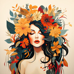 Portrait of a beautiful woman with flowers illustration
