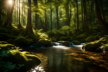 A secluded forest glade with dappled sunlight and a pristine stream, a hidden gem in the heart of nature. - obrazy, fototapety, plakaty
