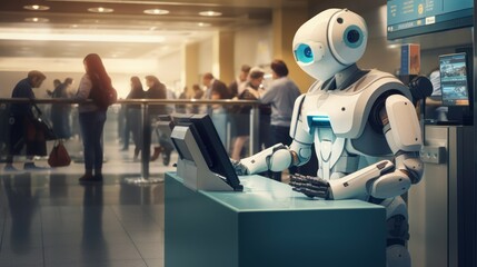 robot sells tickets at the airport - obrazy, fototapety, plakaty