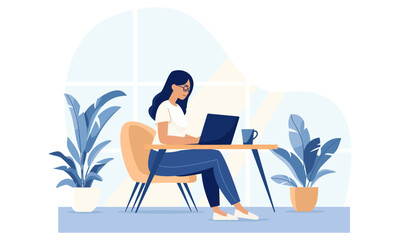 Flat vector illustration. Young girl working at the computer. Home office, flowers in pots . Vector illustration