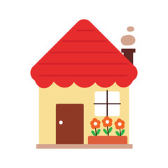 hand drawing cute cartoon home. cute house with red roof, flowers, chimney. cute house icon, sticker