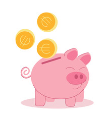 Piggy bank for money funny pig with gold coins with euro sign. Vector illustration, isolated