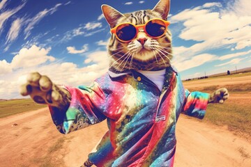 Generative Al of fantasy character with cat wearing colorful clothes and sunglasses dancing, Happy cat animal 