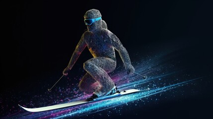 Skier descends from mountains, graphic abstraction, black background. AI generated.